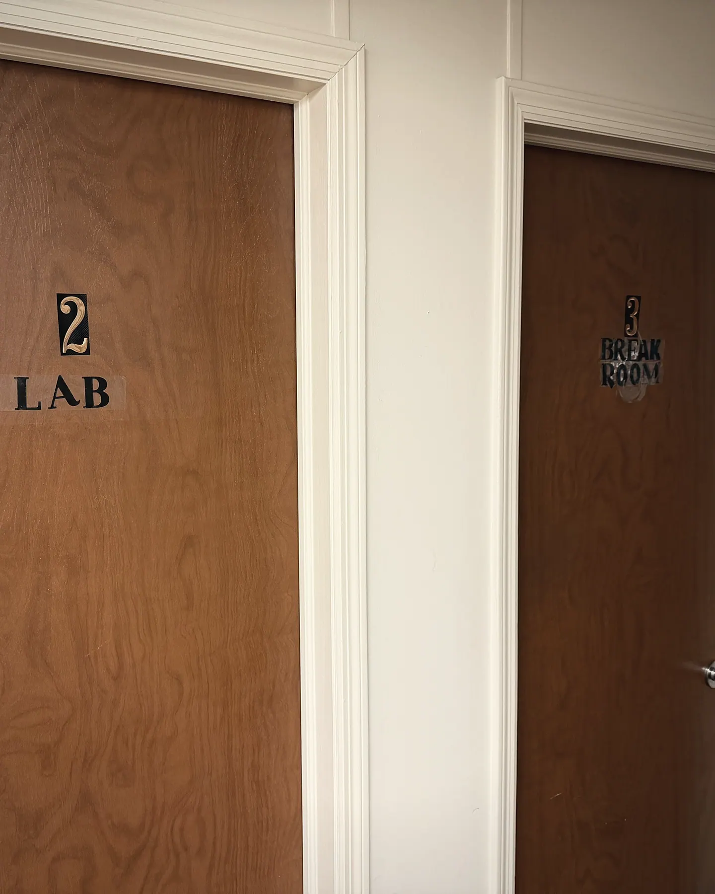 The doors to the lab and the break room at the Mercer Med Tech campus