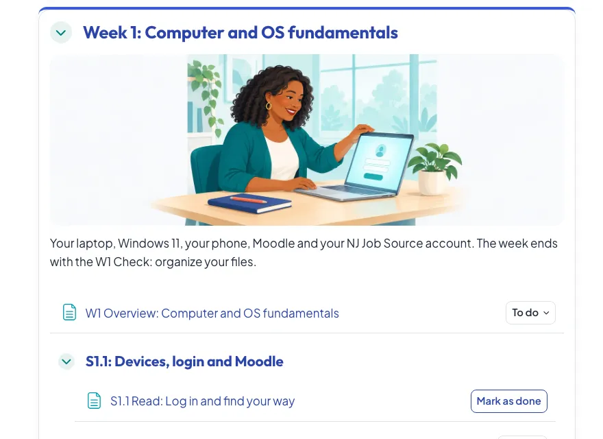 The Digital Literacy Training class site on a laptop, showing the Week 1 lessons